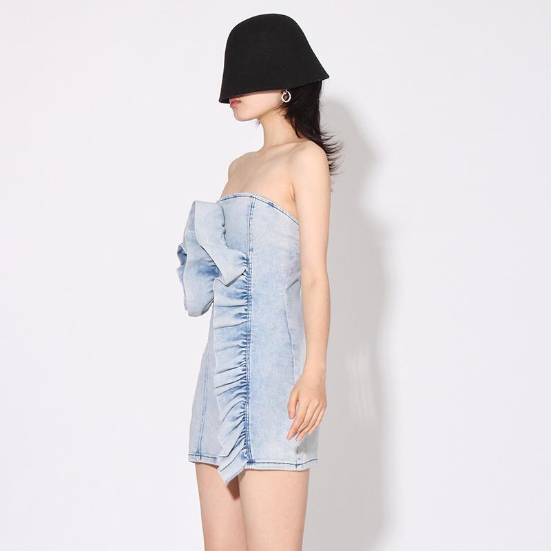 2025 Spring Trend: Sexy Short Denim Dress with Tube Top & Ruffled Floral Design