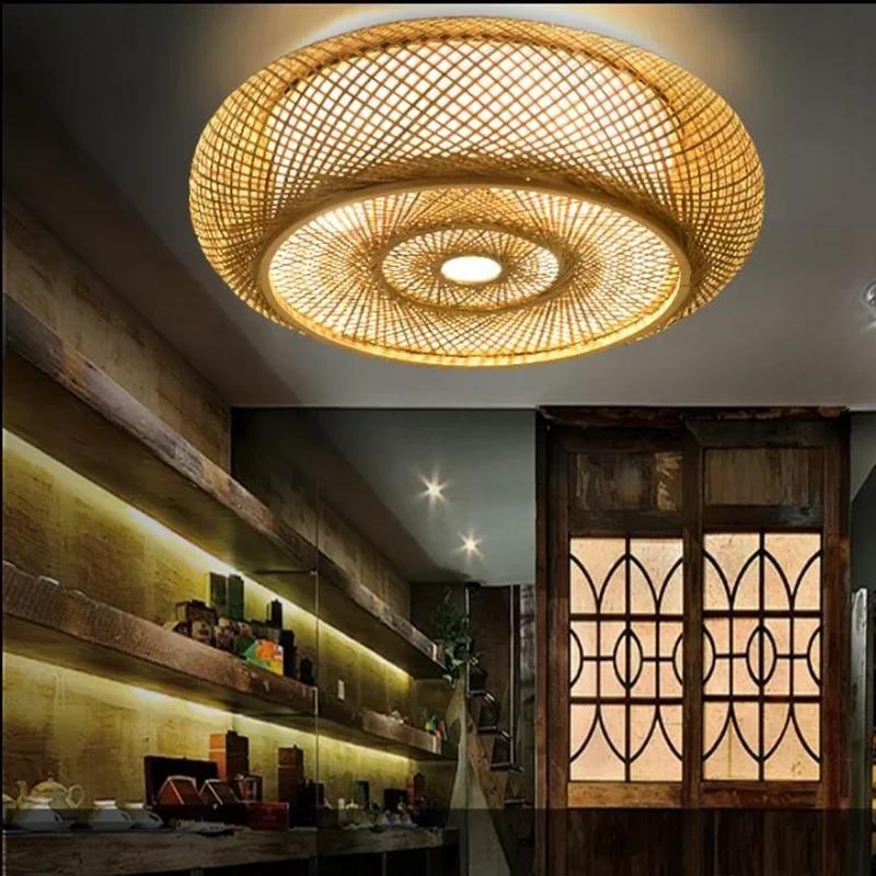 Rattan Flush Mount Ceiling Lights Fixture Boho Handmade Ceiling Chandelier Home Decorative for Bedroom Kitchen Foyer