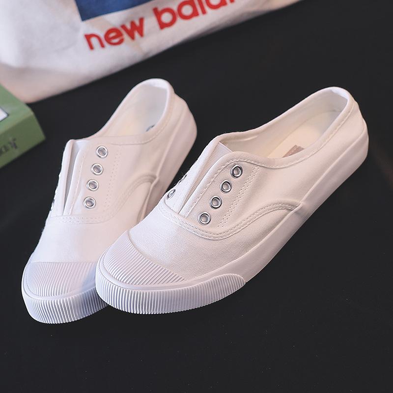 Fashion Women's Backless Slip-On Canvas Shoes White Breathable Flat Comfort Casual Slides Autumn Students Daily Walking Designer Shoes
