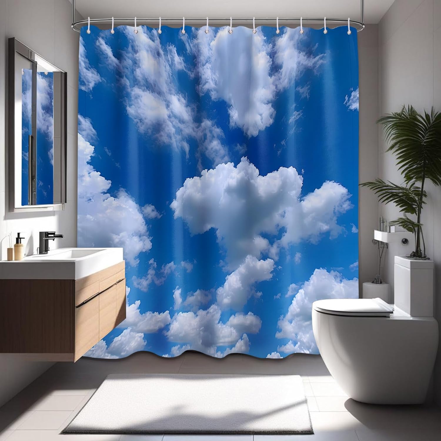 Blue Sky Shower Curtain White Clouds Nature Scenic Landscape Bathroom Decor, Waterproof Cloth Fabric with Hooks, 72x72 inch White Clouds