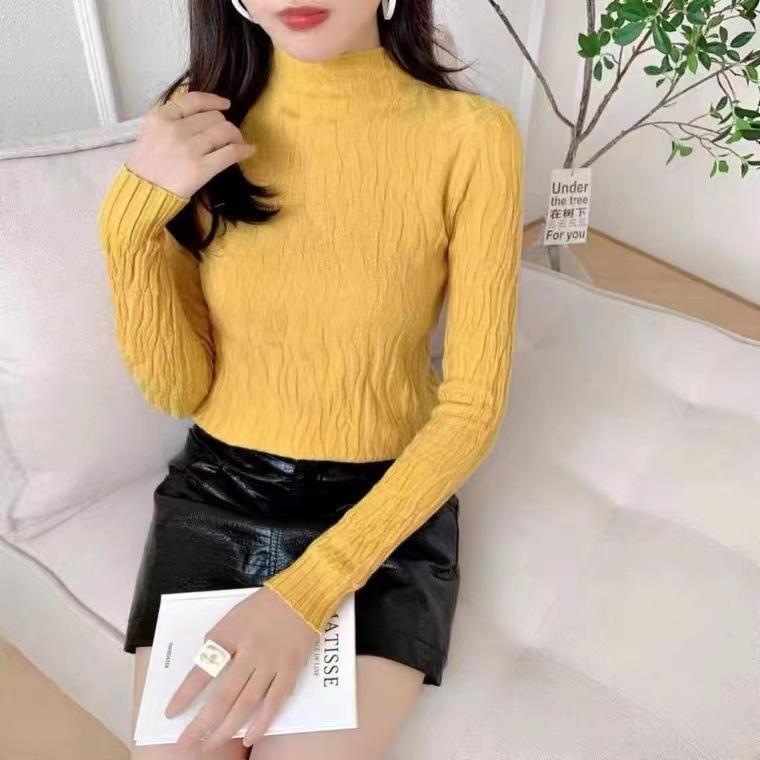 Autumn and winter versatile simple semi-turtleneck sweater with women's solid color slim and thin knitted bottoming shirt splicing design