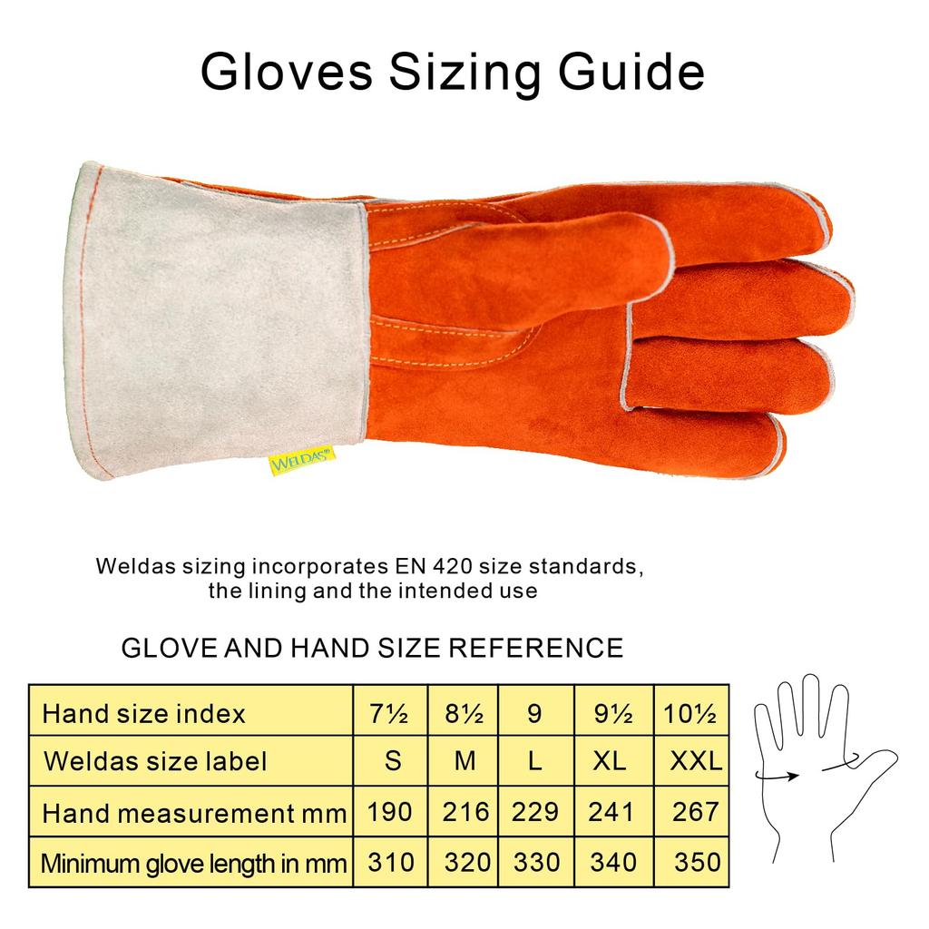 Straight Thumb Welding Heavy Duty Leather Classic Russet Fully Lined with Larger [Weldas] Gloves, 100% Free-C Cotton, Cuff, 10-0328L, Orange, Sizes.
