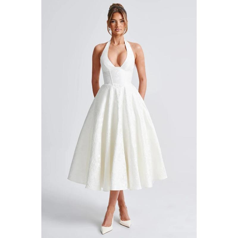 Sexy Elegant V Neck Halter High Waist A Line Long Evening Party Dress