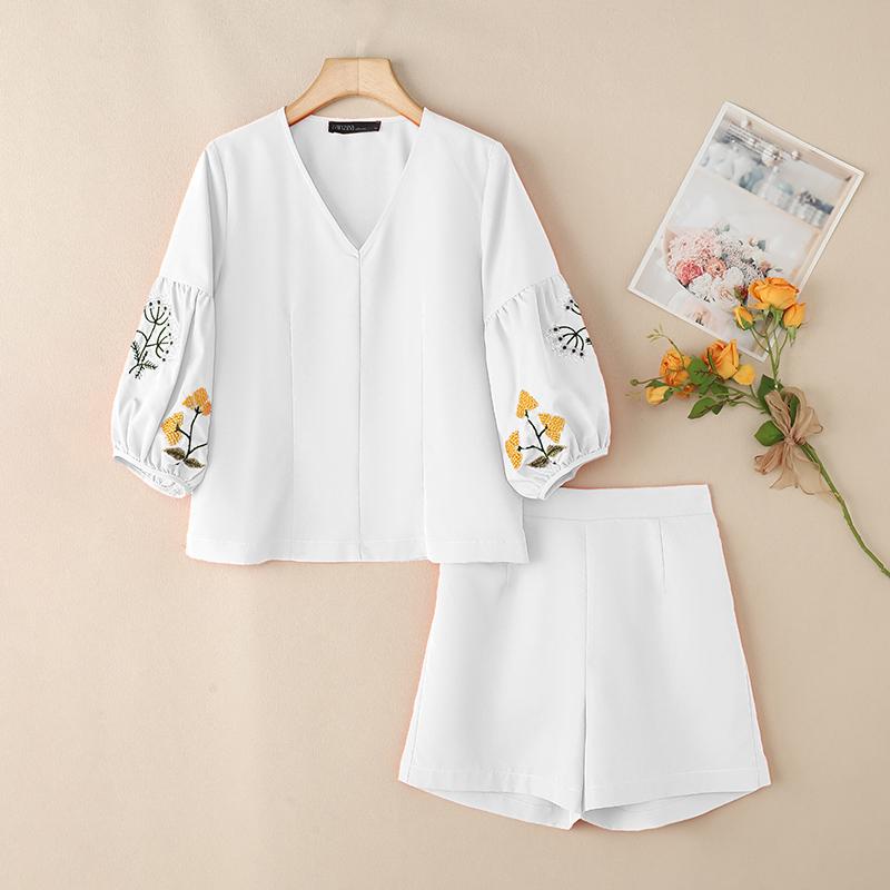 

ZANZEA Women 3/4 Sleeve Print Blouse and Shorts Summer Two Piece Suit Sets S белый