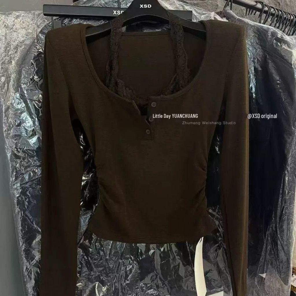 2025 Autumn/Winter Thermal Korean Halter Neck Lace Patchwork Long Sleeve T-shirt - Fake Two-Piece Women's Base Layer.