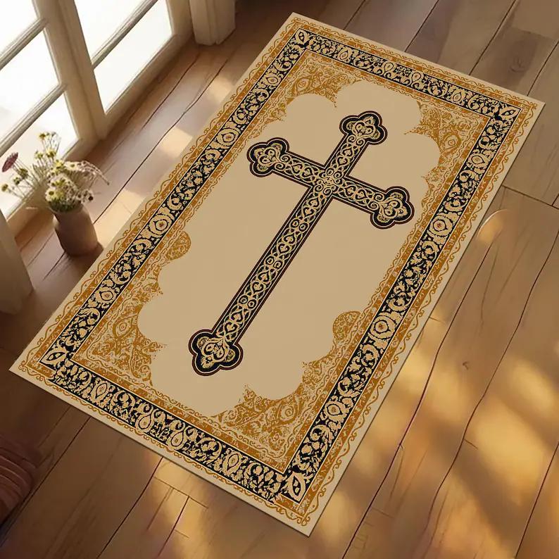 Vintage Floral Cross Prayer Rug | Non-Slip Christian Mat Living Room Decoration Bedroom Decoration Rugs Home Mat Floor Mats