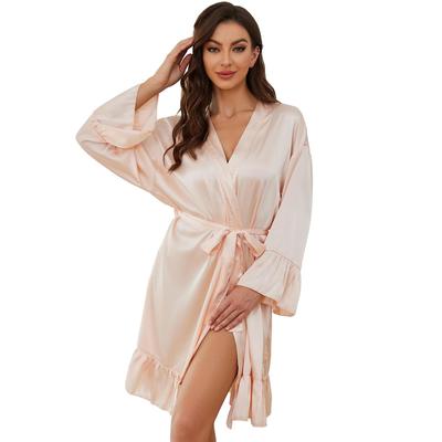 Nachthemden für Damen aus Seidenimitat, Satin, lange Ärmel, Bademantel mit Schnürung, sexy Luxus-Pyjama, Herbst/Frühling, Schlafanzug, Lounge, lässige Heimkleidung