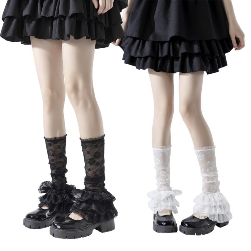 Women Ruffle Lace Leg Warmer Sweet Knee Highs Socks Mesh Flared Leg Socks Princess Leg Sleeves Halloween Costumes