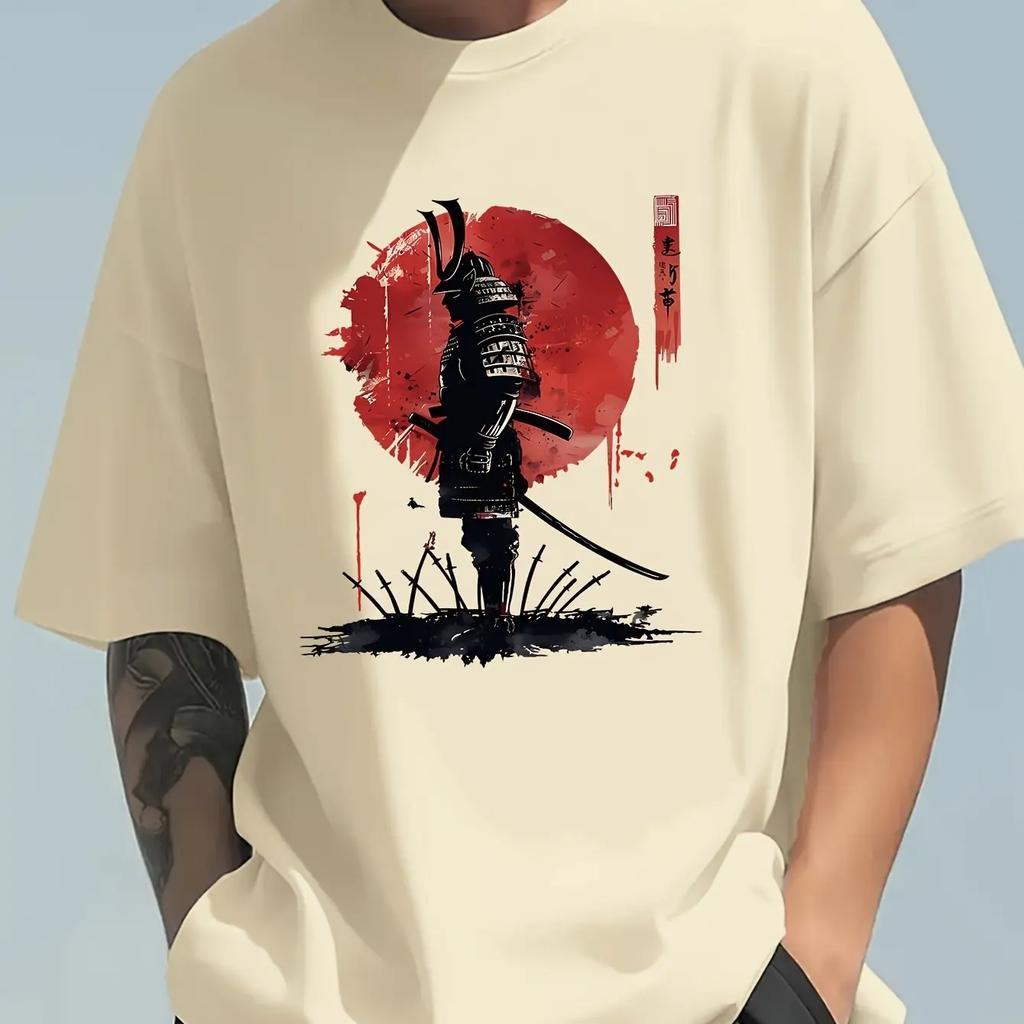 Summer Fashion Casual and Loose Japanese Samurai Pattern Printed Roundneck Shortsleeved Tshirt Top for Men