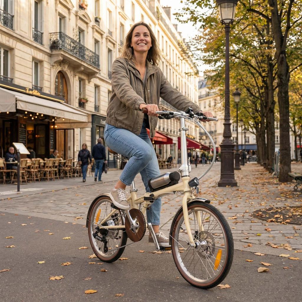 Bicicletta Elettrica Pieghevole MAXTRON Smart-20 da 20 pollici, equipaggiata con un motore da 36V 250W, che offre un'autonomia massima fino a 40 chilometri.