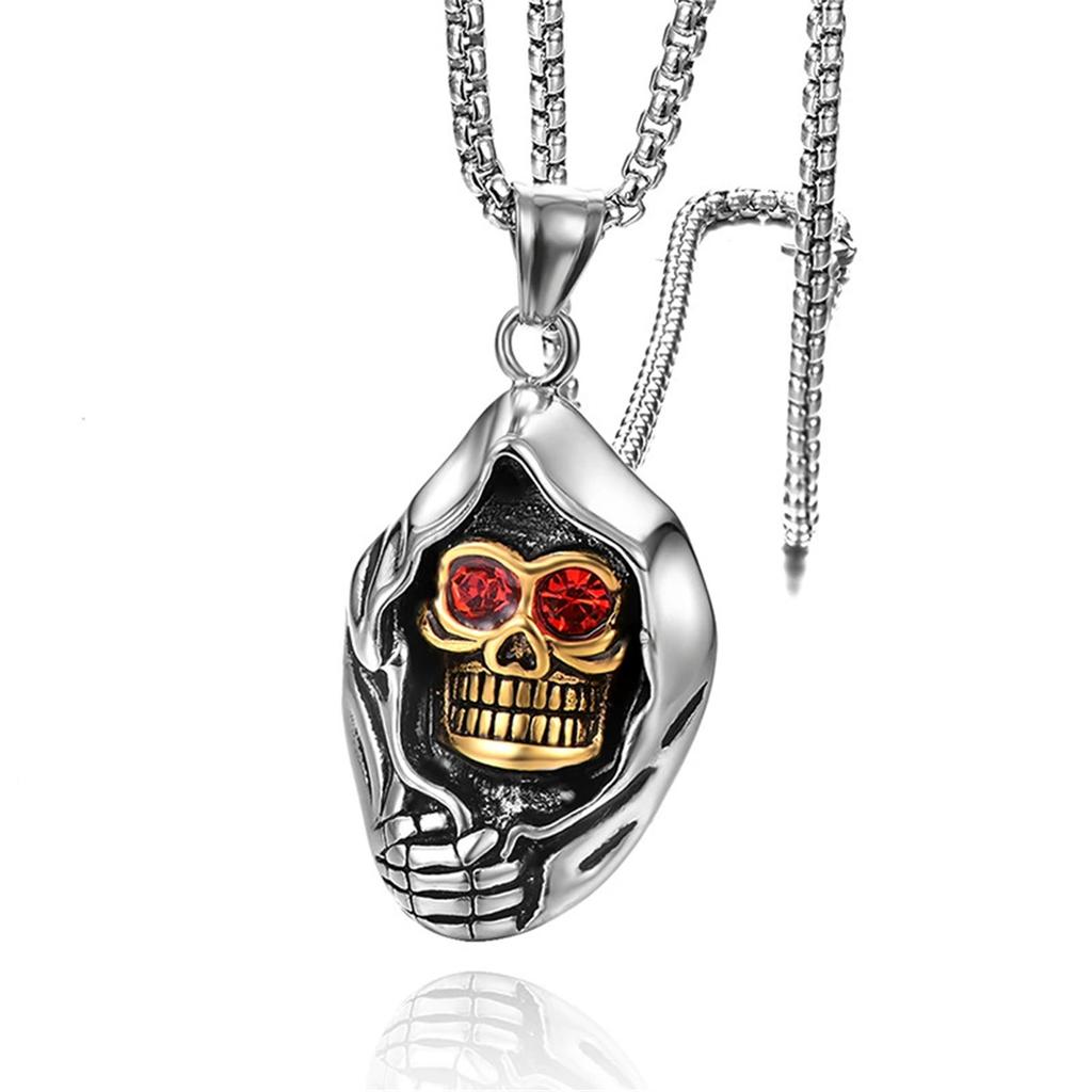 Santa Muerte Skull Pendant Necklace Stainless Steel with Red Zircon Eyes Our Lady of Holy Death Mexican Grim Reaper Punk Jewelry