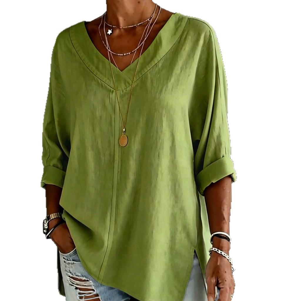 2026 Amazon European and American Cross-border Women's Clothing Street Fashion Solid Color V-neck Loose Top Long Sleeve Cotton and Linen Shirt