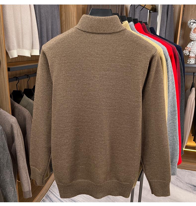 Zimní pletený svetr s půlzipem a vysokým límcem 2025 - Teplý jednobarevný svetr pro střední věk i mladé