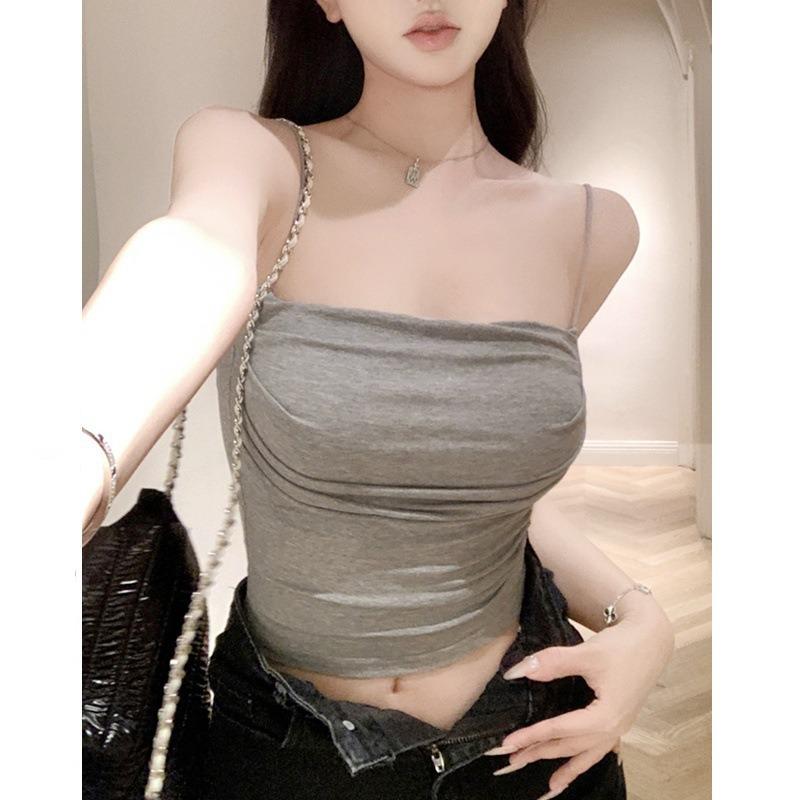 Top de Tirantes tipo Camisola Fruncido para Mujer, Puro y Sexy, con Almohadilla en el Pecho y Impresionante Diseño en la Espalda