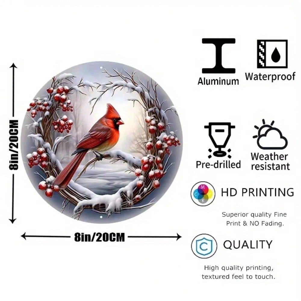 8x8 Inch Aluminum Red Grey Bird Christmas Wreath Sign, Winter Door Hanging Wall Decor for Home