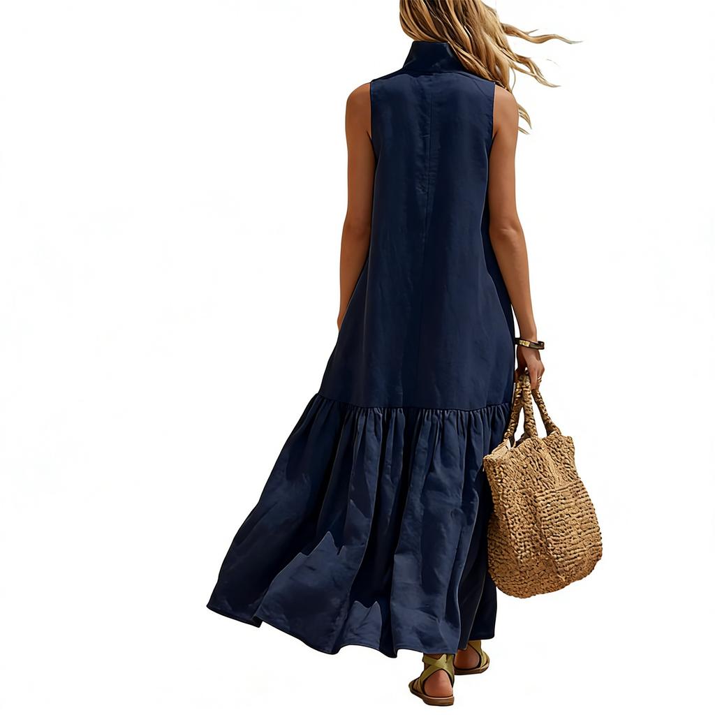Women’s Casual Sleeveless Ruffle Hem Dress with Zipper Front and Stand Collar Loose Fit Summer Sundress