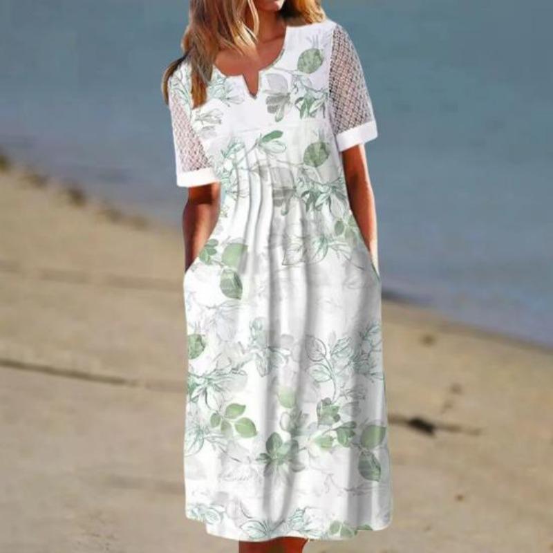 Summer Pocket Dress, Anti-piling, Popular Cocktail Tunic with Flower Print, Long Street Clothes, Fancy Clothes