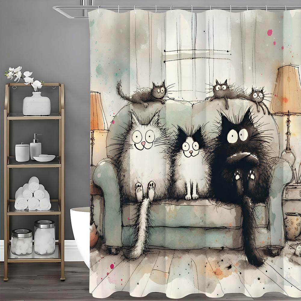 Cartoon Cute Kitten Shower Curtain, Bathroom Decorative Shower Curtain, Waterproof Shower Curtain with Hooks