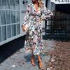 Autumn Winter Women Casual Dress Long Sleeve V Neck Print A Line Knee Length High Waist