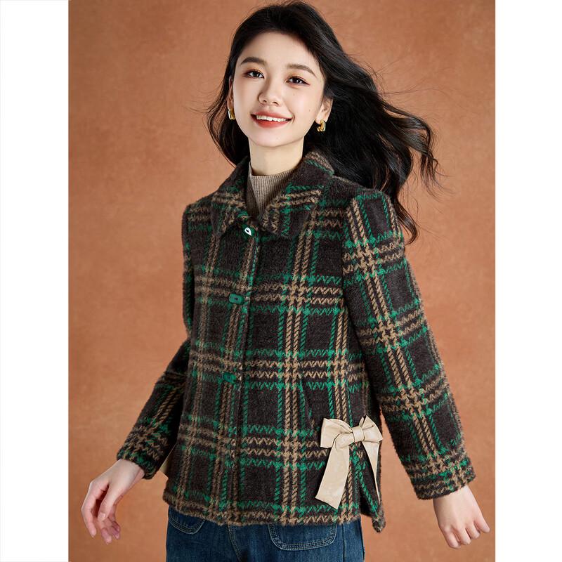 

Women s Plaid Lapel Wool Blend Short Coat 2XL