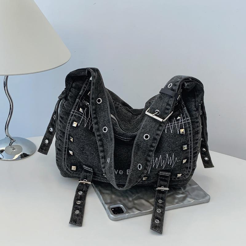 Denim Shoulder Bag With Studs And Love Buzz Print For Women