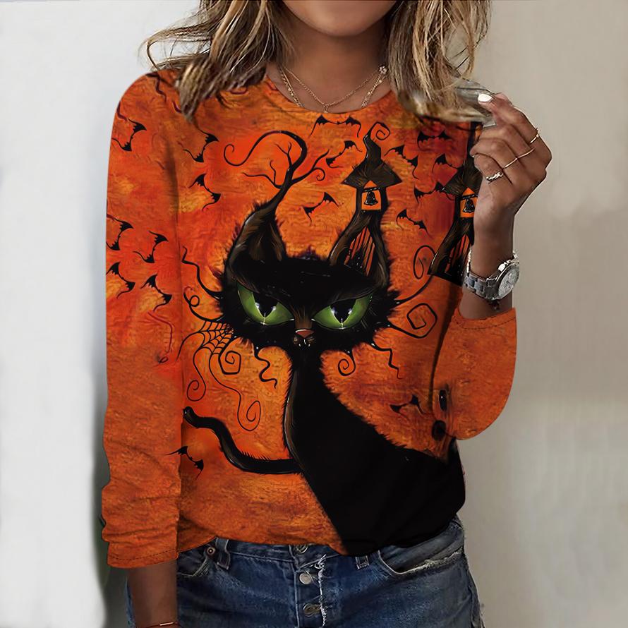 

2025 Autumn & Winter Women s New Casual Crew Neck Long Sleeve Top 3D Halloween Pattern Ideal Halloween Christmas Gift XS
