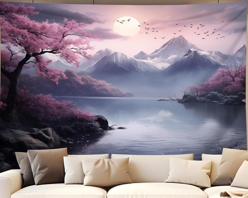 Japanese Cherry Blossom Tapestry Wall Hanging Asian Anime Nature Mountain Wall Art Calming Tapestries For Bedroom Living Room