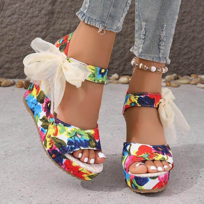 Fashion Women's High-heeled Sandals Fashion Round Head Open-toe Printed Waterproof Platform Side Butterfly Hitch Heel Shoes