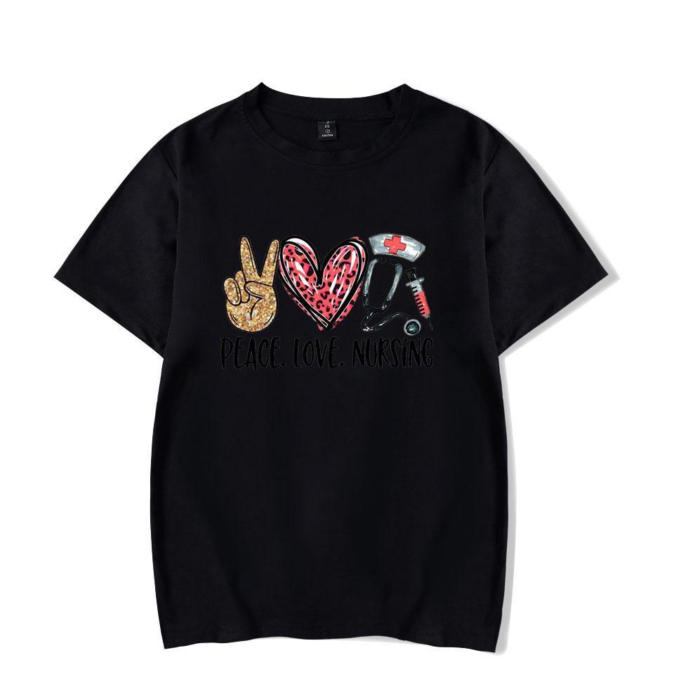 

Футболка с принтом «Мир Любовь Сестринское дело» Женская Милая Футболка с коротким рукавом Летняя Мода Свободная Хлопковая футболка 4XL