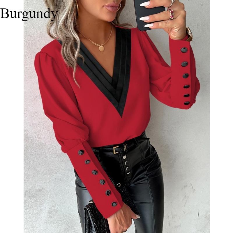 

Весенне-осенняя мода с V-образным вырезом, однотонная, с длинным рукавом, на пуговицах, облегающая, темпераментная, для женщин, офисная рубашка 2XL бордовый