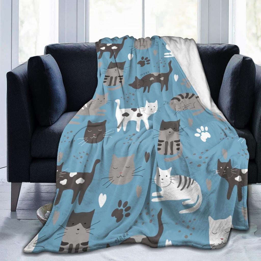 Cute Cat Flannel Blanket Multiple Sizes 2D Print Pink Face Kitty Design Soft Throw Sofa Bedroom Office Snuggle