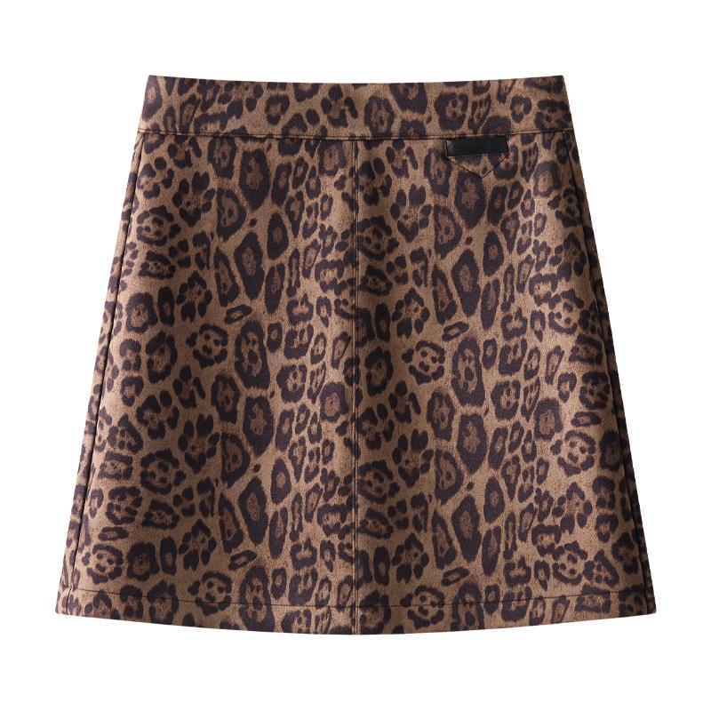 

2024 Women s Khaki Suede Leopard Print Woolen Midi Skirt - New Autumn/Winter A-line Bodycon Design XL