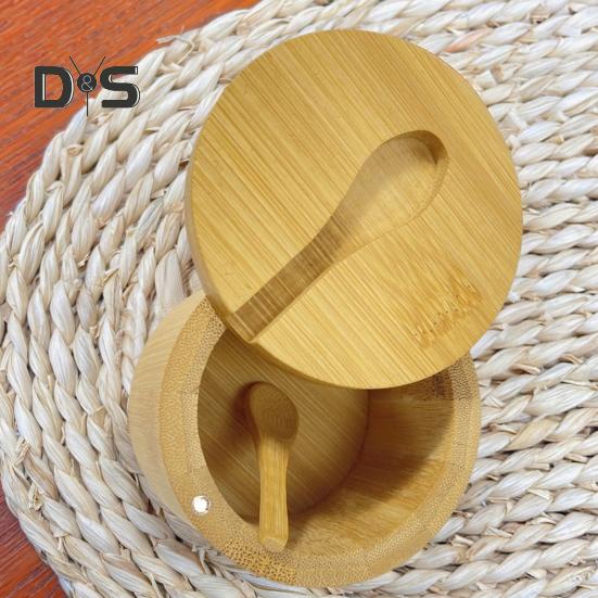 Bamboo Salt Cellar Seasoning Jar with Built-in Spoons Salt Container for Kitchen Swivel Lid Spice Box for Countertop