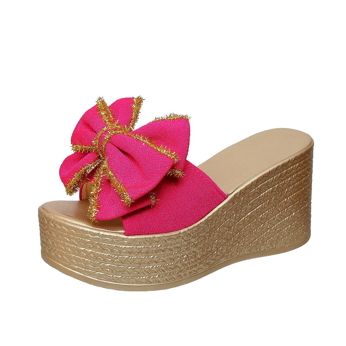 

Summer new bow wedge heel fish mouth fashionable thick bottom foreign trade large size comfortable beach slippers women s spot 43 розы красного