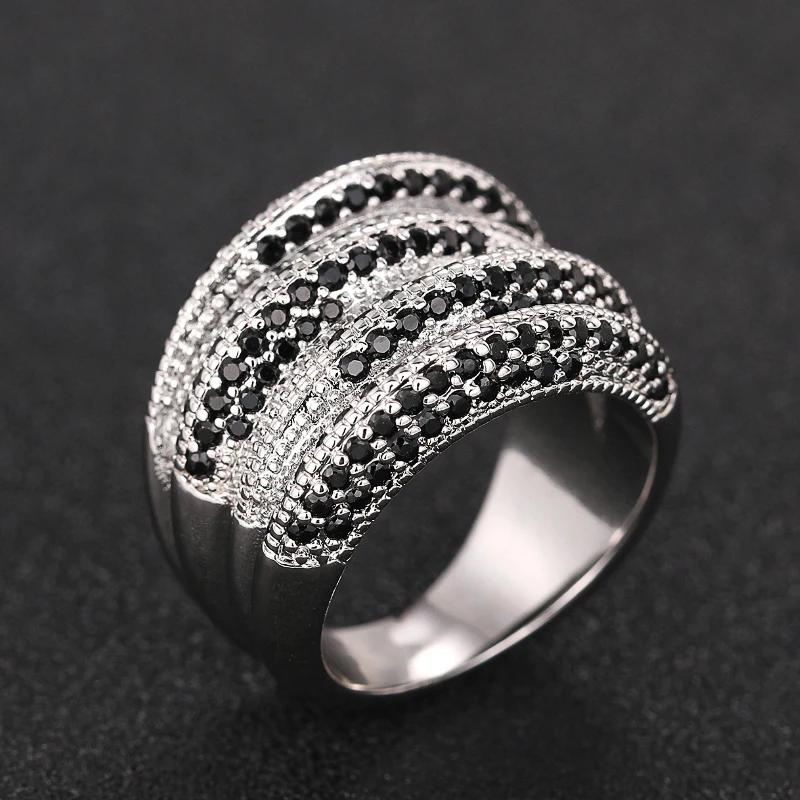 Huitan Hot Fashion Rings for Women Luxury Elegant Shiny Black CZ Finger Accessories Delicate Bright for Wedding Bridal