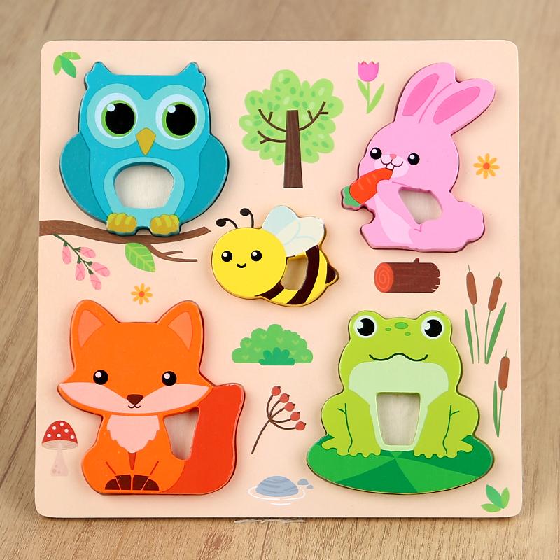 Montessori 3D Wooden Puzzle Cartoon Animals Pattern Jigsaw Board Game Kids Educational Learning Toys Gifts for Children
