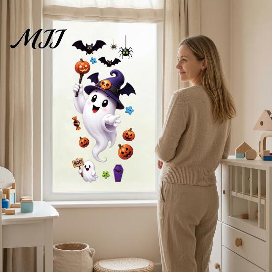 Ghost Window Ornaments Halloween Witch Hat Clings, Spiders Bat Pumpkin Spooky No Glue Art Stickers for Home Holiday Party Store Glass Decoration