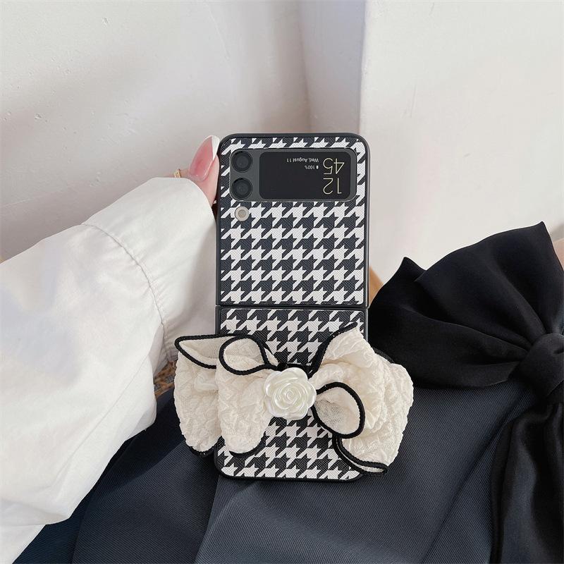 Applicable to Samsung ZFlip3 plaid folding mobile phone case, Japanese and Korean zflip4 generation bow leather hard case protective case
