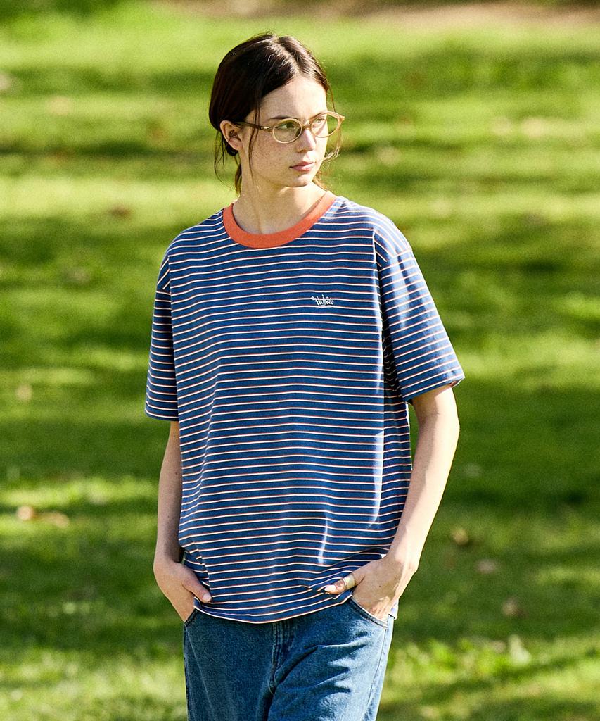 Peullukeu Casual Striped Short Sleeve T-Shirt Navy Fst344