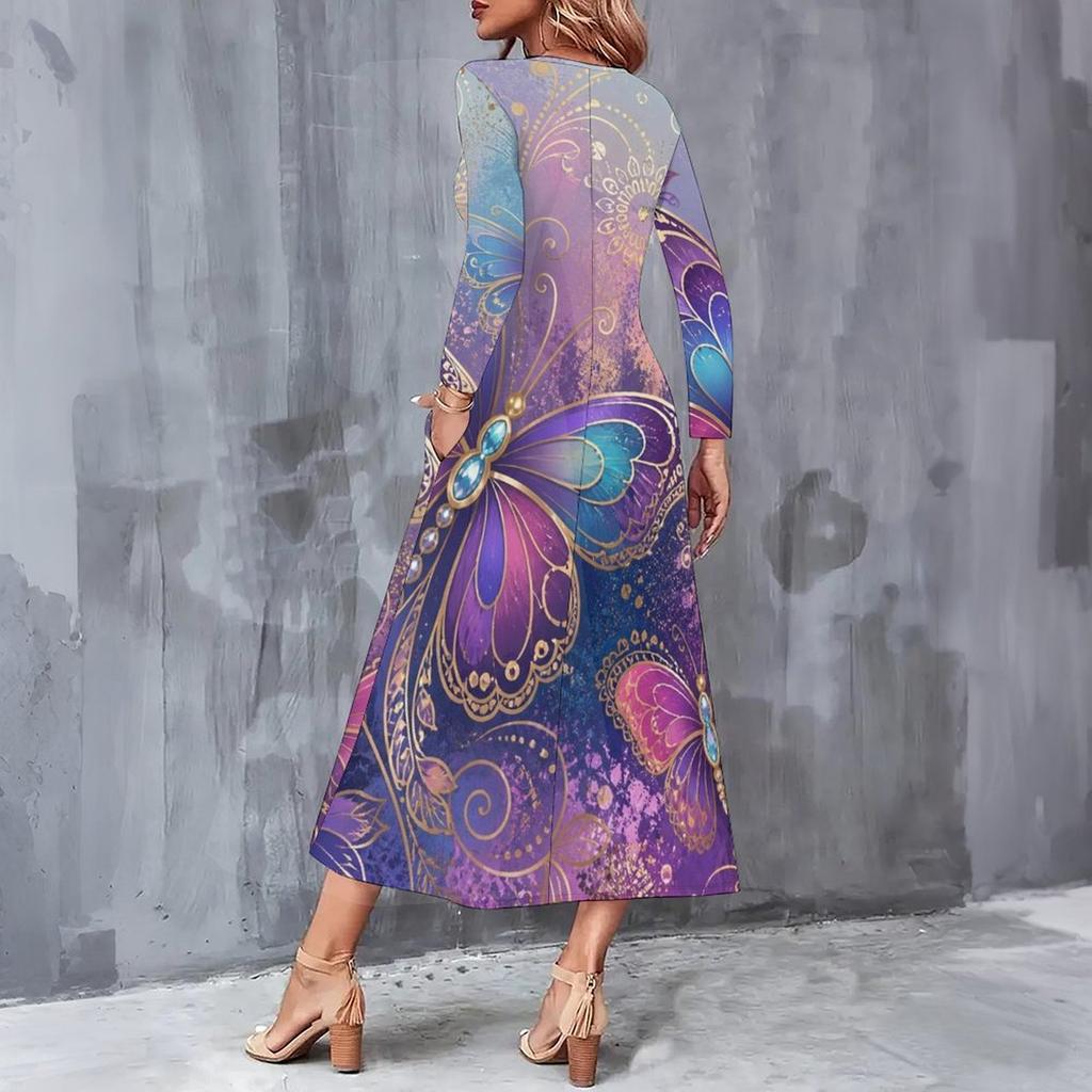 Women Plus Size V Neck Long Sleeve Butterfly Printed Black A Line Midi Dress With Pockets