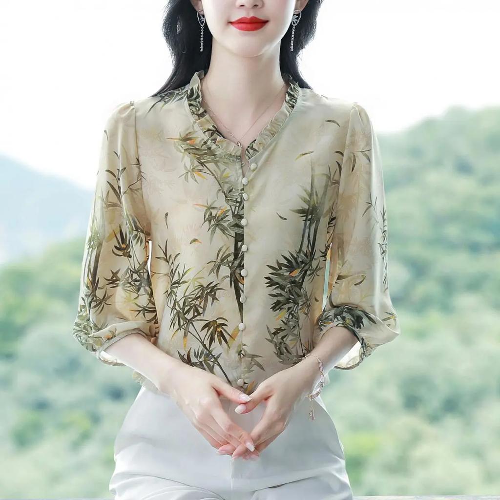 Women's Spring and Summer Seven-minute Sleeve Floral Shirt Ladies Elegant Chiffon Shirt