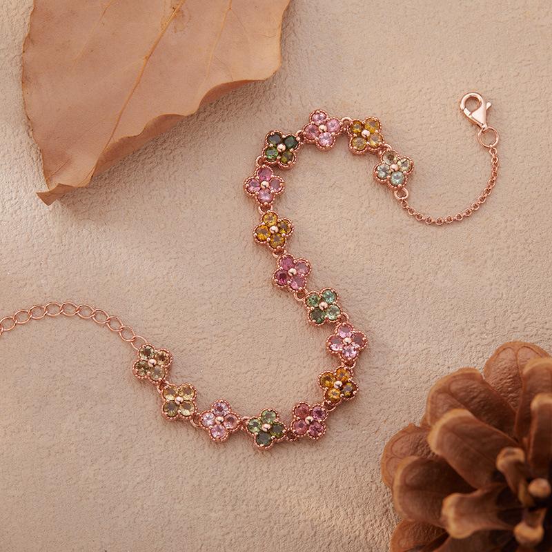 Classic Clover Natural Tourmaline Bracelet Women'S S925 Sterling Silver Plated 24K Gold Retro Gold Treasure Jewelry