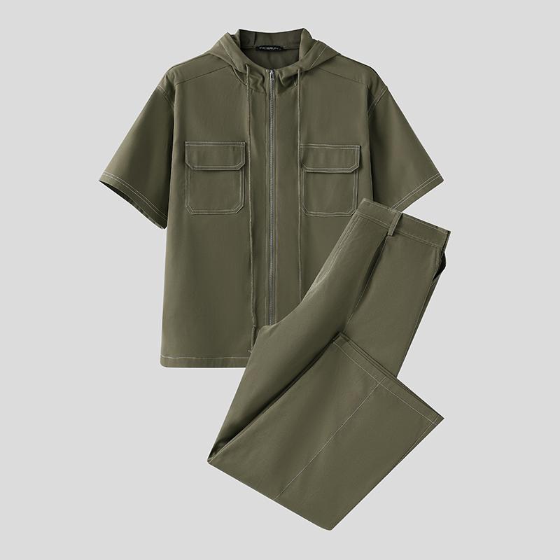 

INCERUN 2PCS Men Hooded Stitching Short Sleeve Shirt Long Straight Pants Sets Outfits 4XL зелёный