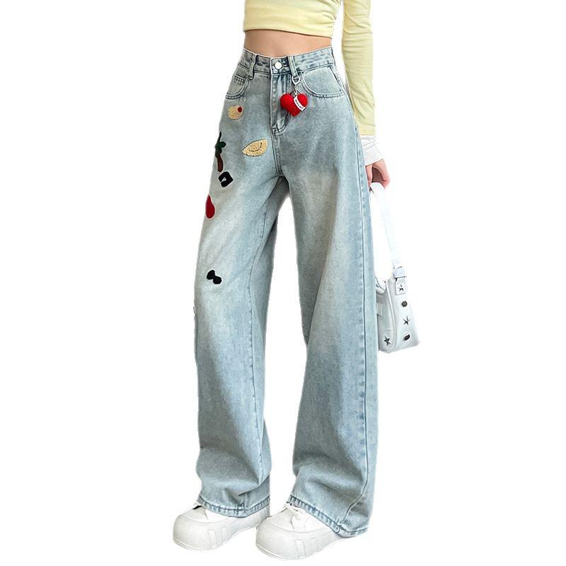Spring 2025 Women's Embroidered High-Waist Wide-Leg Jeans - Light Color, Slimming Design