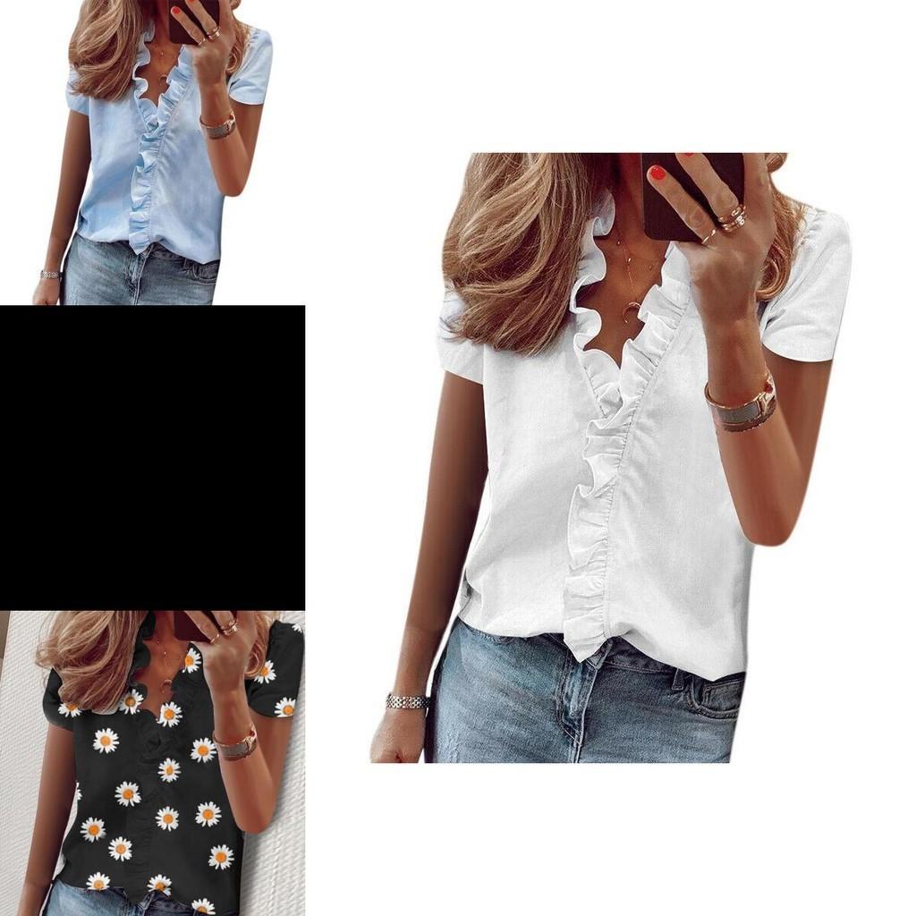 Stylish Women's V Neck Ruffle Short Sleeve T Shirt With Fashionable Daisy Print