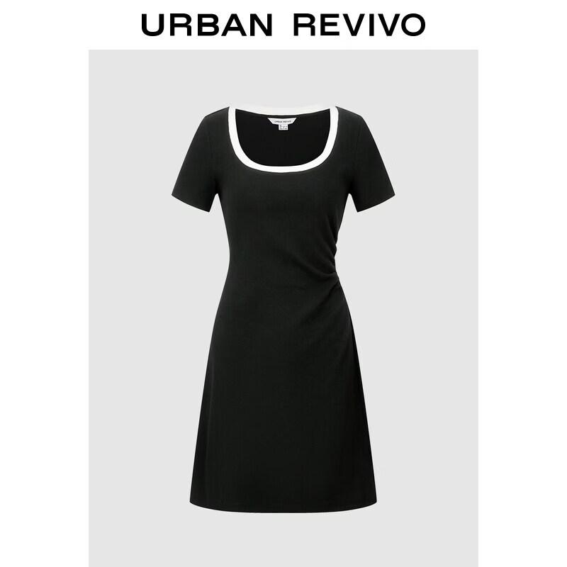 UR 2026 Spring Women s Casual Pleated Color-Block U-Neck Slim-Fit Dress L
