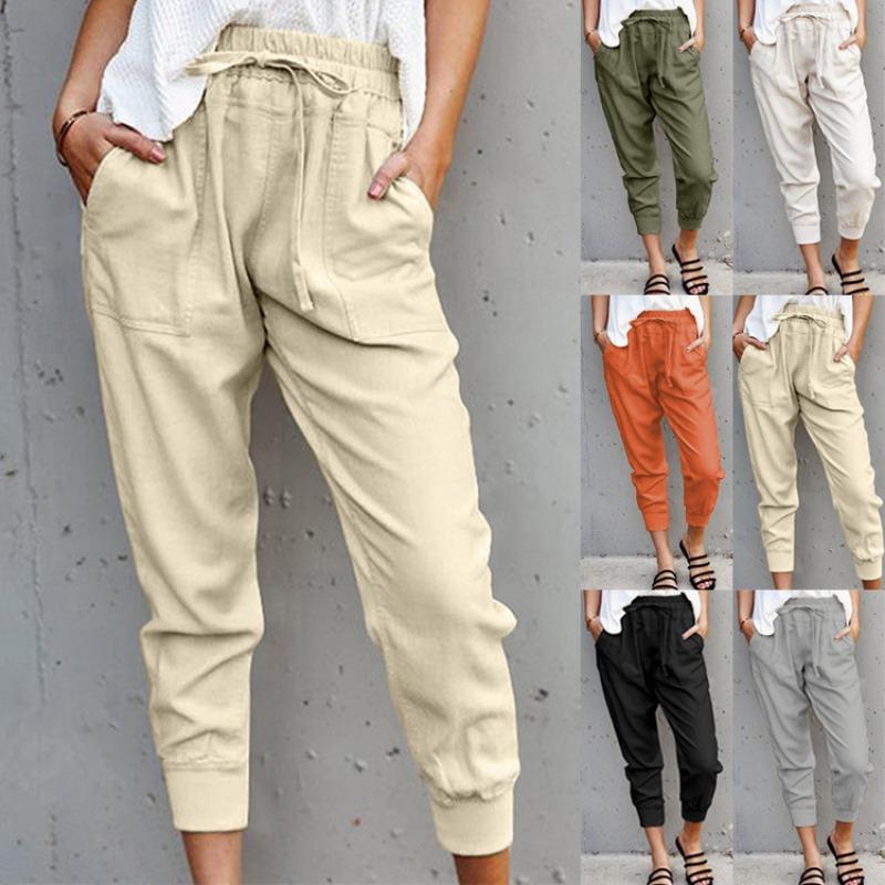 Summer Women Loose Plus Size Solid Color Simple Lace Up Slim Casual Nine Point Slimming Trousers
