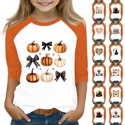 Tops For Youth Girls 4-16 Years Round Neck 3/4 Sleeves T-Shirts Trendy Tops Outfit Tees Halloween Day