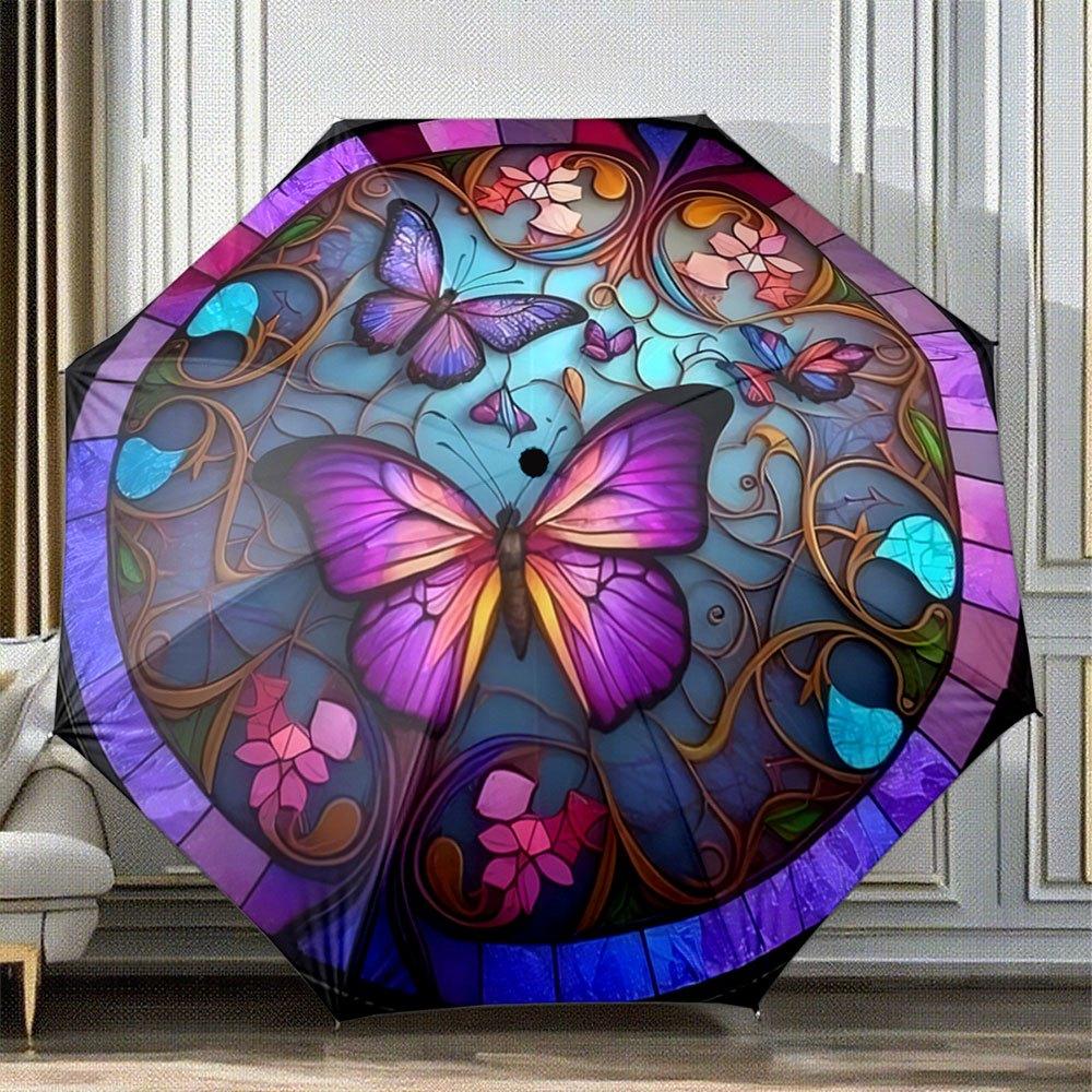 

Automatic Open/Close Folding Umbrella with Stained Glass Butterfly Pattern - Compact Travel Umbrella, Windproof 8-Rib Shaft, A (as the picture,Iron&8K)