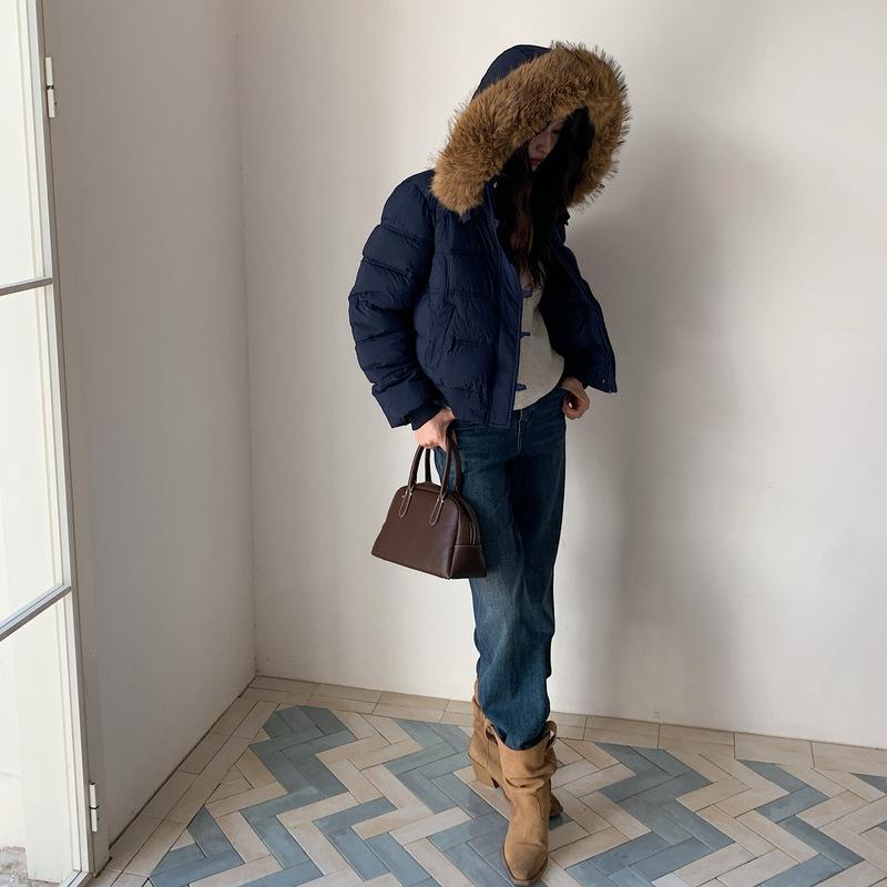 

Женская дутая куртка с капюшоном, осенне-зимняя, оверсайз, с меховой отделкой XL темно-синий